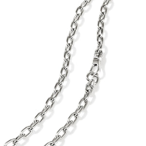 A close-up of a silver-toned metal chain necklace with a lobster clasp, photographed on a clean white background.