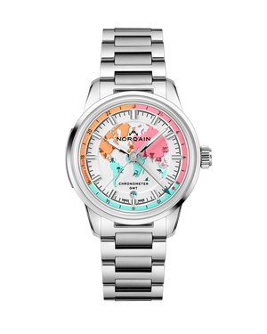 Norqain stainless steel timepiece with a colorful face on a white background