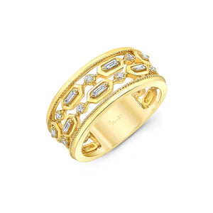 Yellow gold band ring with alternating baguette and round diamonds in milgrain-embellished hex settings, engraved interior.
