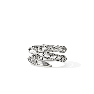 Silver snake-shaped ring with diamonds on a white background