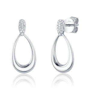 Front view of teardrop dangle earrings in 14K white gold showcasing 0.07 ctw pavé diamond tops on white background