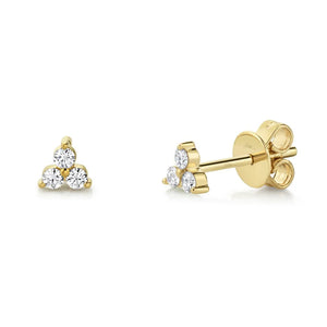 Front and side views of 0.15ctw yellow gold diamond stud with three-stone cluster and butterfly back on white background