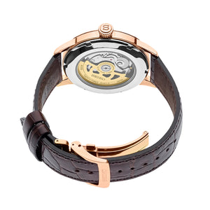 Rear view of Seiko SRPB46 showcasing exhibition caseback, brown leather strap and rose gold case on white background