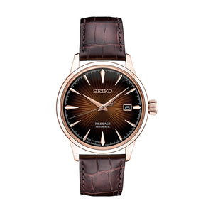 Front view of Seiko SRPB46 Presage Cocktail Time watch with rose gold case, sunburst burgundy dial and brown leather strap