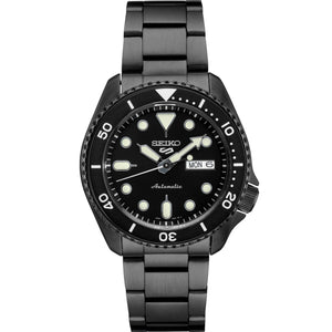 Front view of Seiko SRPD65 5 Sports watch showcasing black dial, rotating bezel, day date display, and black stainless steel bracelet