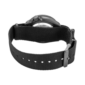 Rear view of Seiko SRPD79 watch showcasing black nylon strap and see-through caseback on white background