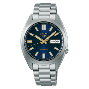Seiko watch with blue dial and silver metal bracelet on a white background