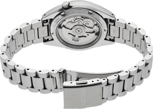 Rear view of Seiko SRPL57 stainless steel watch showing exhibition caseback and brushed bracelet with SEIKO clasp