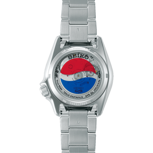 Back view of Seiko 5 Sports SRPL99 watch showing exhibition caseback with red-and-blue Pepsi rotor and stainless steel bracelet