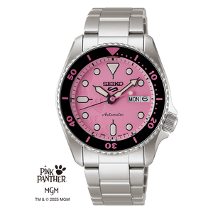 Seiko watch with pink face and silver bracelet on a white background, featuring Pink Panther branding.