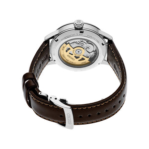 Rear view of Seiko Presage Cocktail Time SSA459 showing exhibition caseback and brown leather strap