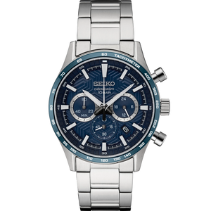 Seiko watch with silver bracelet and blue dial on a white background