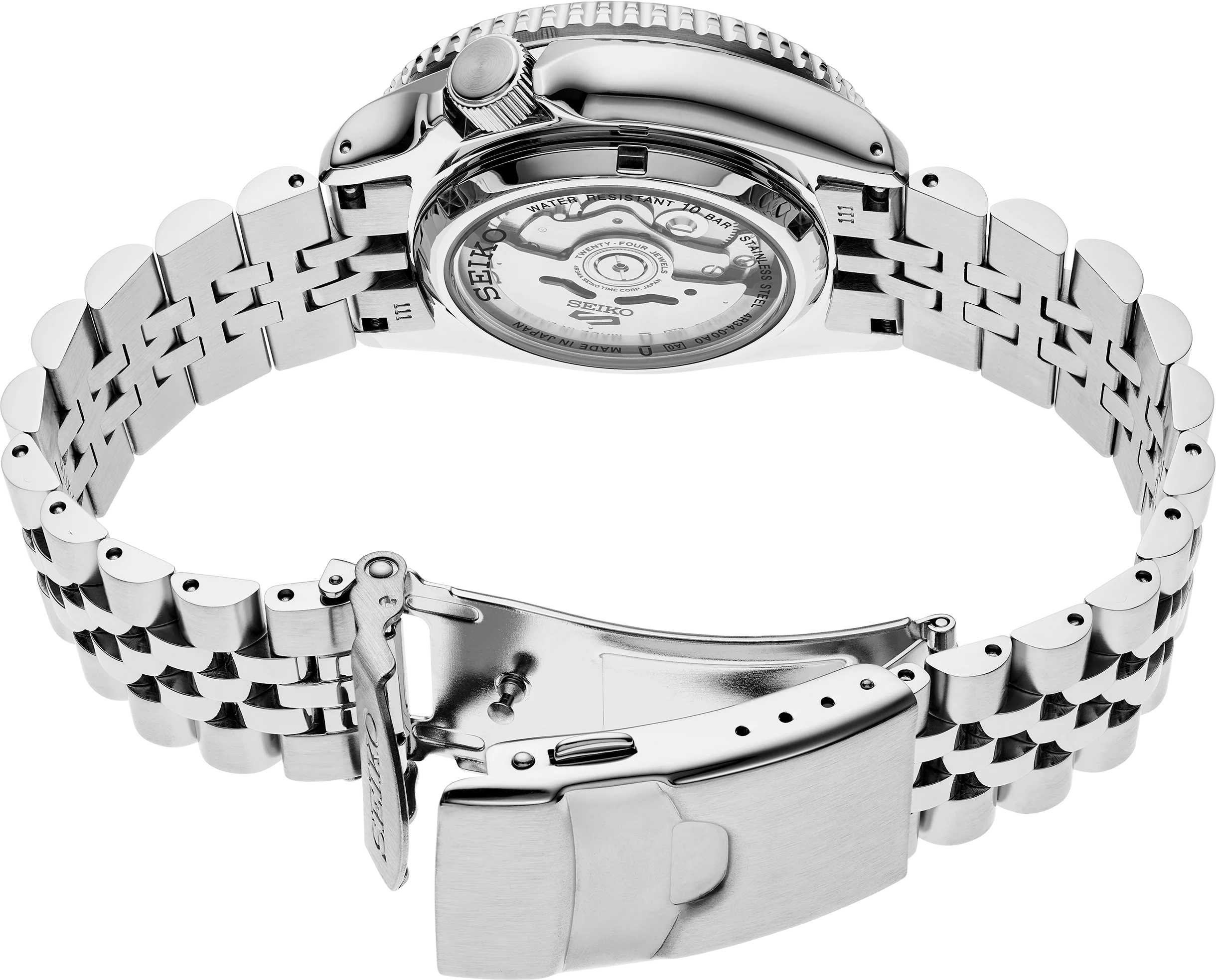 Rear view of Seiko 5 Sports SSK003 watch showing open stainless-steel bracelet and exhibition caseback on white background