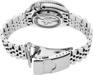 Rear view of Seiko 5 Sports SSK003 watch showing open stainless-steel bracelet and exhibition caseback on white background