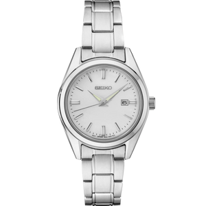 Stainless steel Seiko with a silver dial on a white background