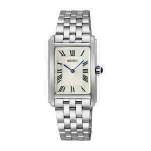 Silver Seiko watch with a white face on a white background
