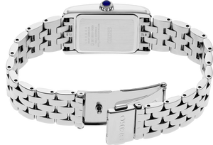Silver watch with a detailed metal band on a white background