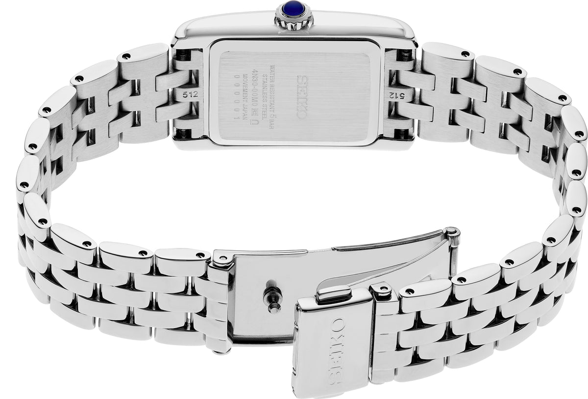 Rear view of Seiko SWR085 watch showcasing stainless steel bracelet and tri-fold push button release clasp on white background