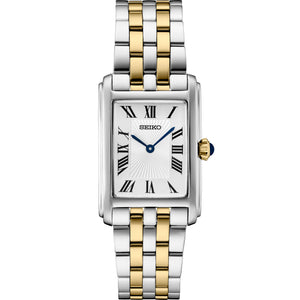 Front of Seiko SWR087 two-tone stainless steel watch with white Roman dial, blue hands and cabochon crown