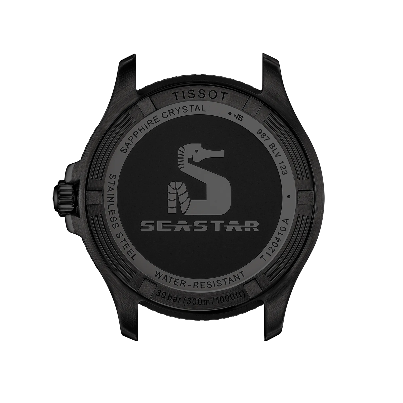 Caseback engraved: TISSOT SAPPHIRE CRYSTAL STAINLESS STEEL SEASTAR WATER-RESISTANT 30 bar (300m/1000ft) T120410 A 987 BLV 123
