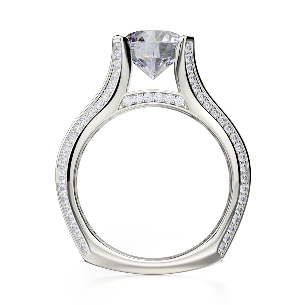 Front view of 18K white gold Strada engagement ring with round center diamond in cathedral setting and pave shoulders