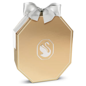 Gold tone octagon box with silver bow on a white background