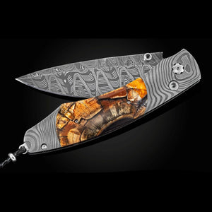A folding pocket knife shown open on a black background, with patterned gray steel blades and a handle featuring a natural wood inlay with orange and brown tones.