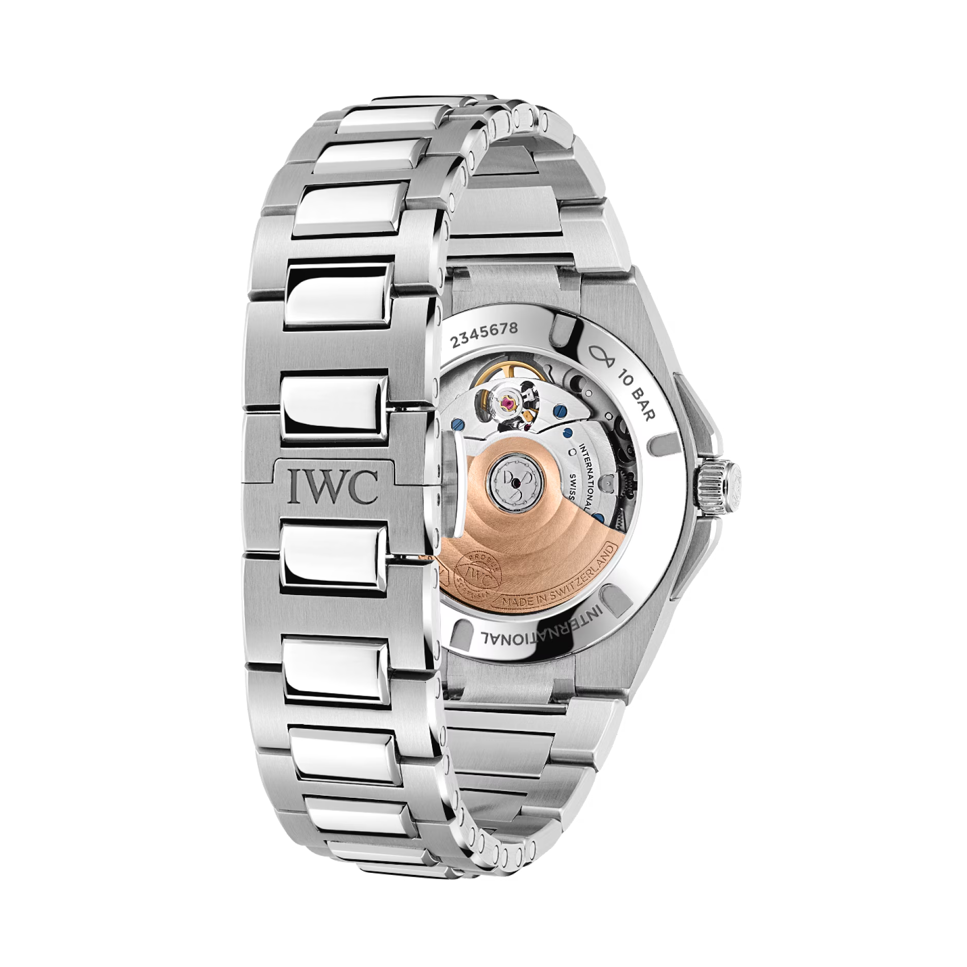 IWC stainless-steel Ingenieur watch back with visible movement; rim text 2345678, 10 BAR, INTERNATIONAL, MADE IN SWITZERLAND