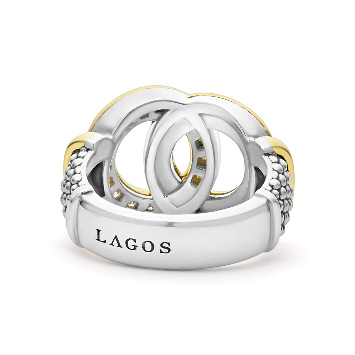 Close-up of Two-Tone Interlocking Diamond Caviar Ring, knot with caviar beading, sterling silver and 18K gold accents on white