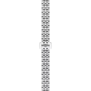 Silver watch strap with Tissot logo on a white background