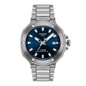 Tissot stainless steel watch with blue dial on a white background