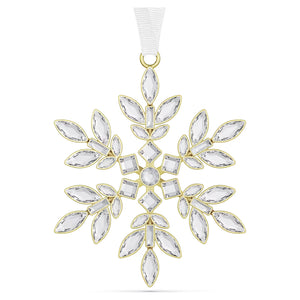 snow flake ornament set with individual crystals in a variety of different cuts, each placed within a champagne gold-tone plated setting.