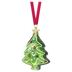 side view Green crystal tree ornament with red ribbon on a white background