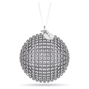 crystal mesh round ornament with silver plated tag with swarovski logo suspended from a white ribbon on a white background