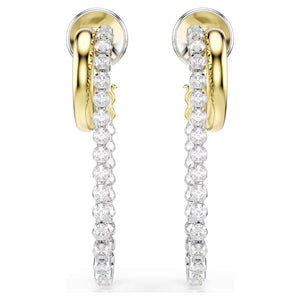 round cut drop earrings with gold tone hoops on a white background