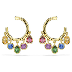 multicolor drop stones on gold tone hoop earrings on a white background