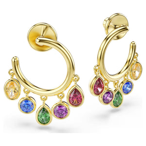side view of multicolor drop stones on gold tone hoop earrings on a white background