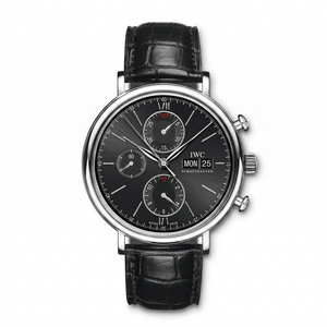 IWC Schaffhausen timepiece with a black dial and black leather band on a white background