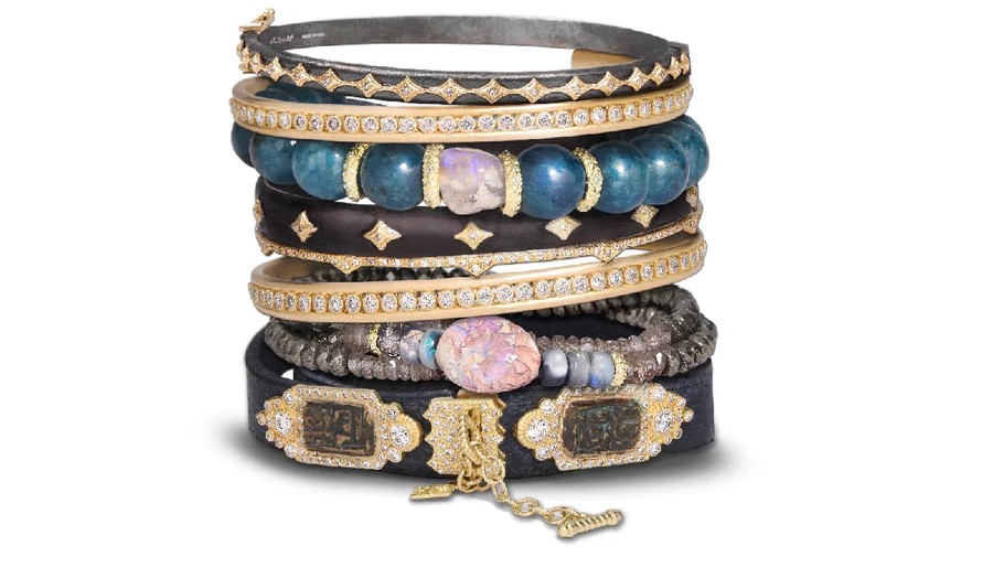 Stacked view of Crivelli Princess Crown Huggie Bracelet with 18k gold crown detail, blackened silver and diamonds on white
