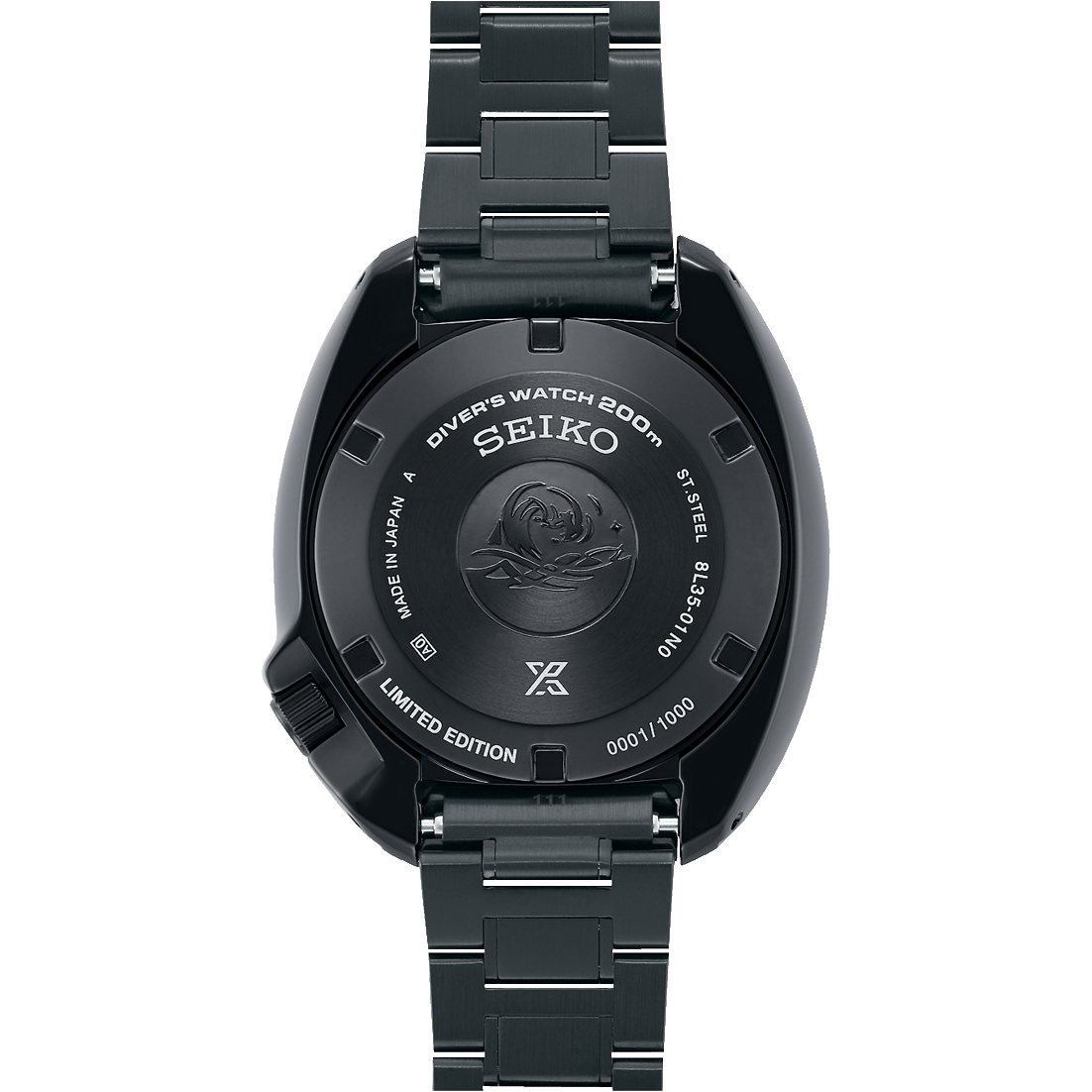 Black Seiko watch with detailed case back on a white background