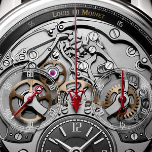 Close-up of Louis Moinet Memoris Superlight watch showing exposed chronograph movement, gold gears, and red hands