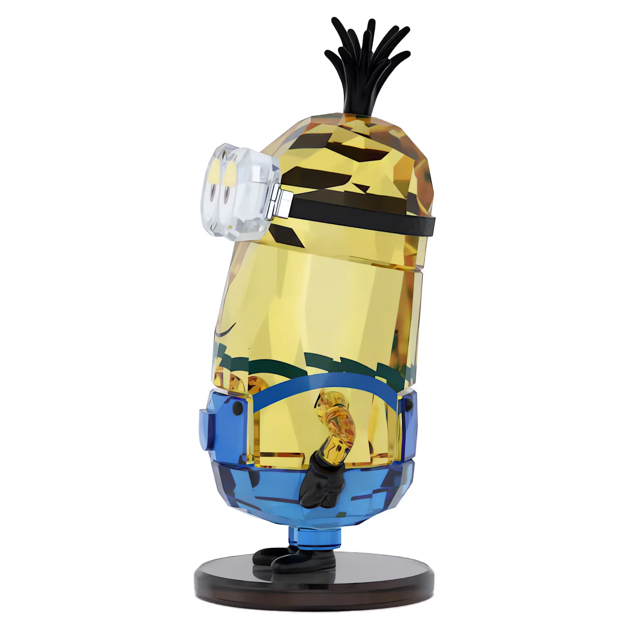 Front view of Minions Kevin crystal showing faceted gold body, chrome goggles and spiky black hair on white background