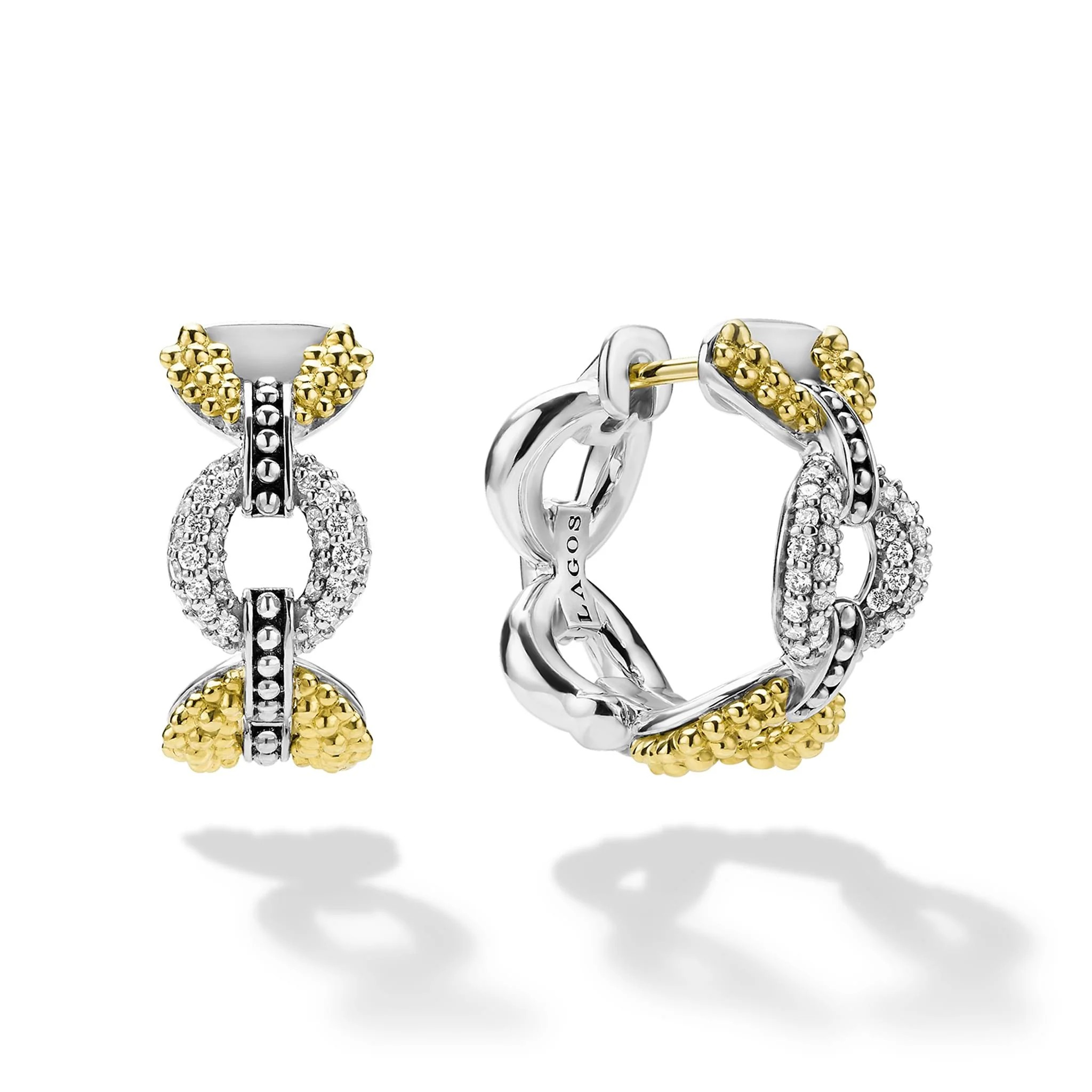Front and side views of two-tone petite link hoop earrings showcasing 0.3 ct diamonds and 18K gold caviar beading on white background