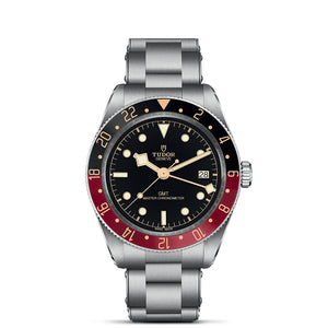 TUDOR Black Bay GMT watch, stainless bracelet, red/black bezel; dial text: TUDOR GENEVE GMT MASTER CHRONOMETER SWISS MADE 28