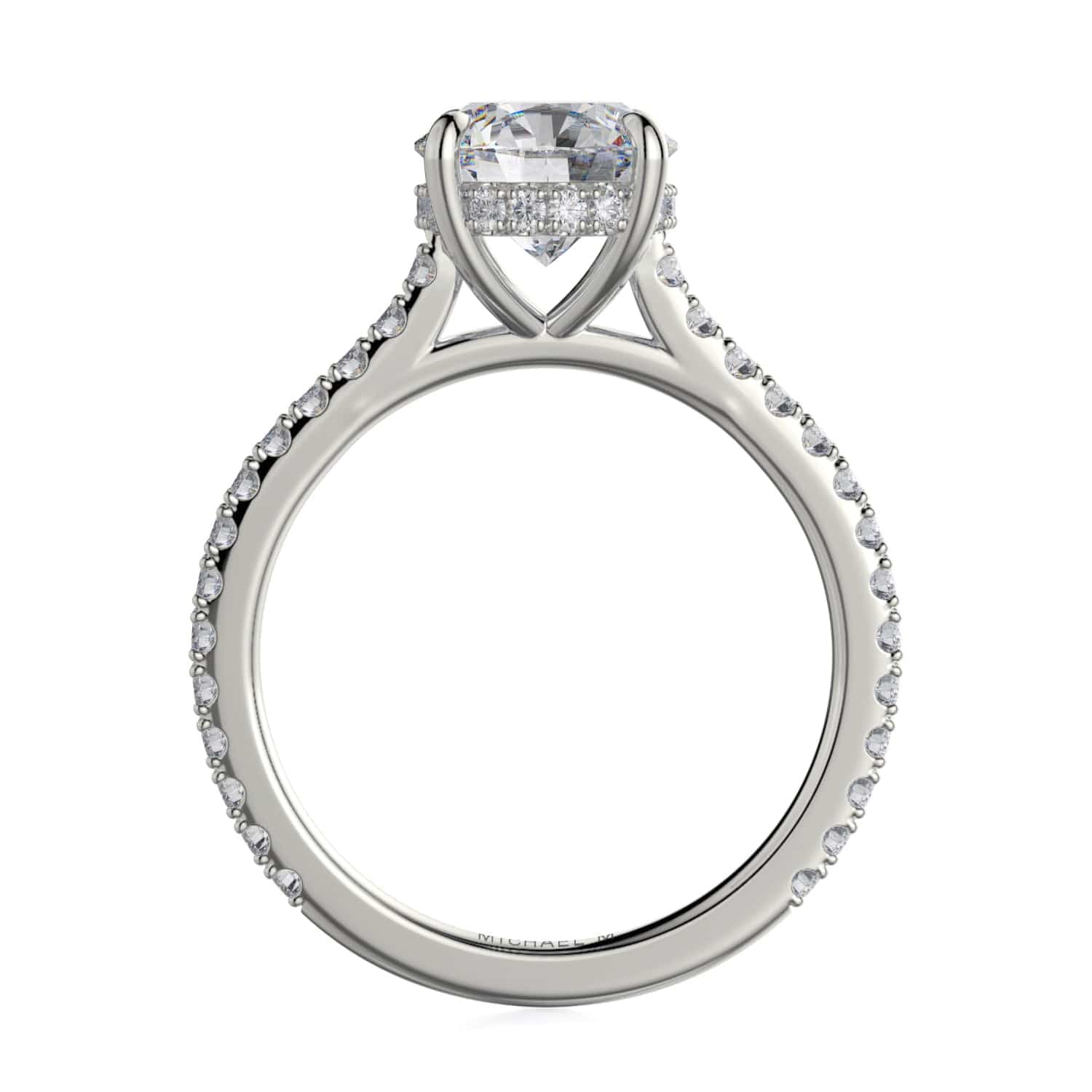 Side profile of 0.35ctw Hidden Halo engagement ring showcasing pavé diamond shank and hidden halo on white background