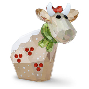 Mo a crystal figurine with red holly and a green scarf and red bow on a white background