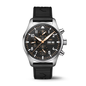 Steel Pilot's chronograph, black dial and gold hands; IWC logo, day/date MON 25, SCHAFFHAUSEN, SWISS MADE, subdials 30 20 10 60 40