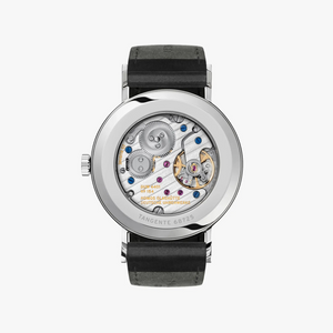Watch with black strap and visible mechanical components on a white background