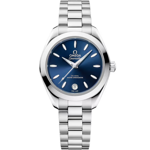 Omega Seamaster watch, blue dial with text: OMEGA Seamaster CO-AXIAL MASTER CHRONOMETER 8 SWISS MADE