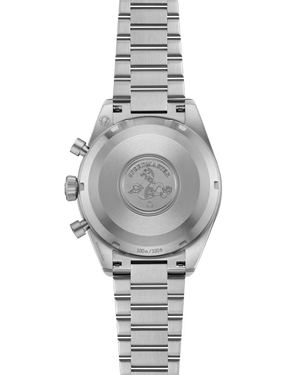 Rear stainless-steel caseback and bracelet of Omega Speedmaster Pilot, engraved 'SPEEDMASTER' and '100m / 330ft'.